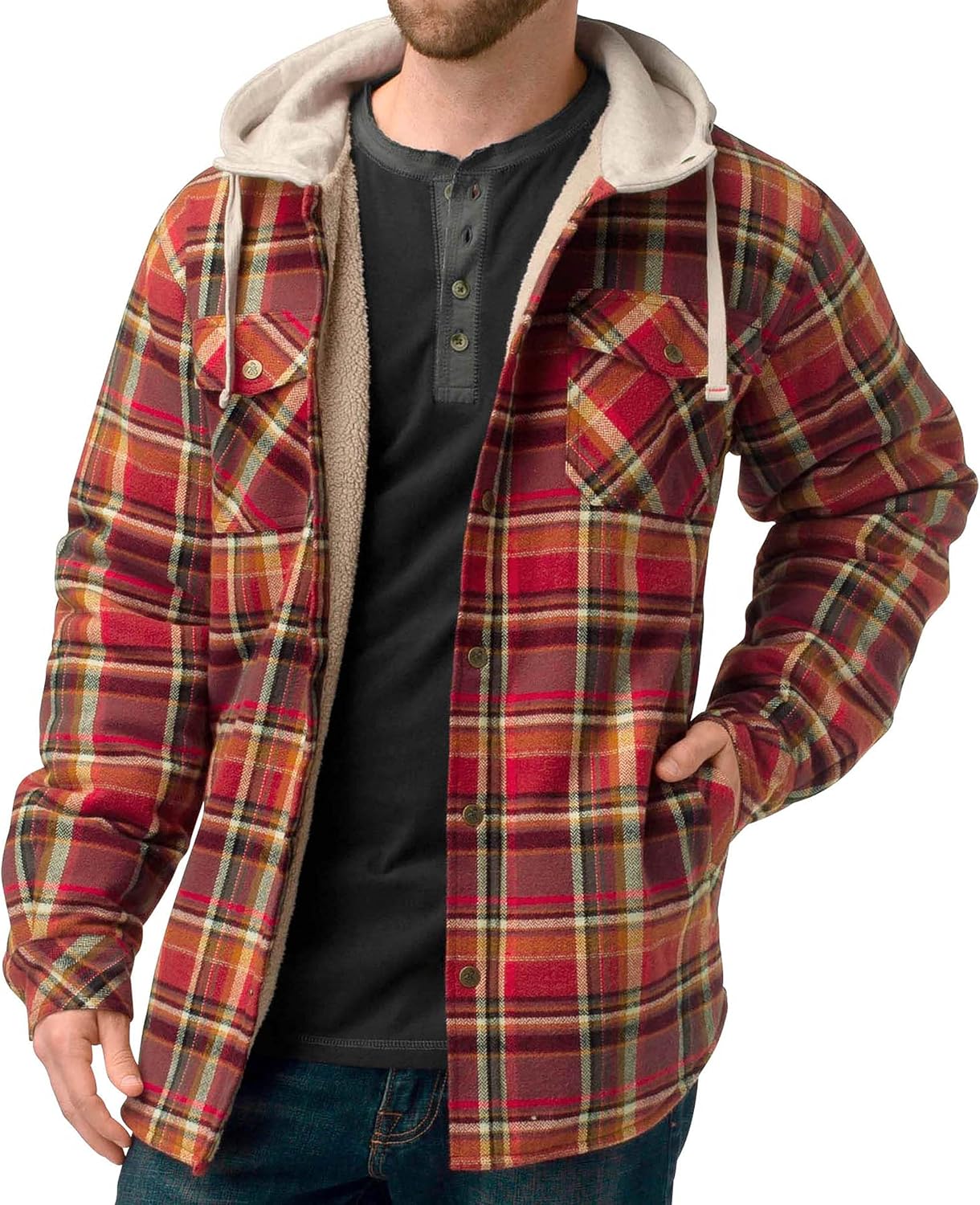 Men's Hooded Flannel Shirt Jacket with Berber Lining for Camp Nights