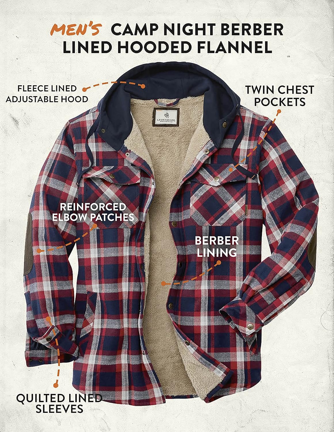 Men's Hooded Flannel Shirt Jacket with Berber Lining for Camp Nights